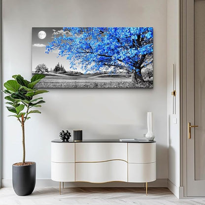 large wall art for living room Blue moon tree landscape Abstract painting office bedroom Wall Decor 30" x 60" single Pieces Canvas Prints Ready to Hang for Home Decoration Black and white Works of art