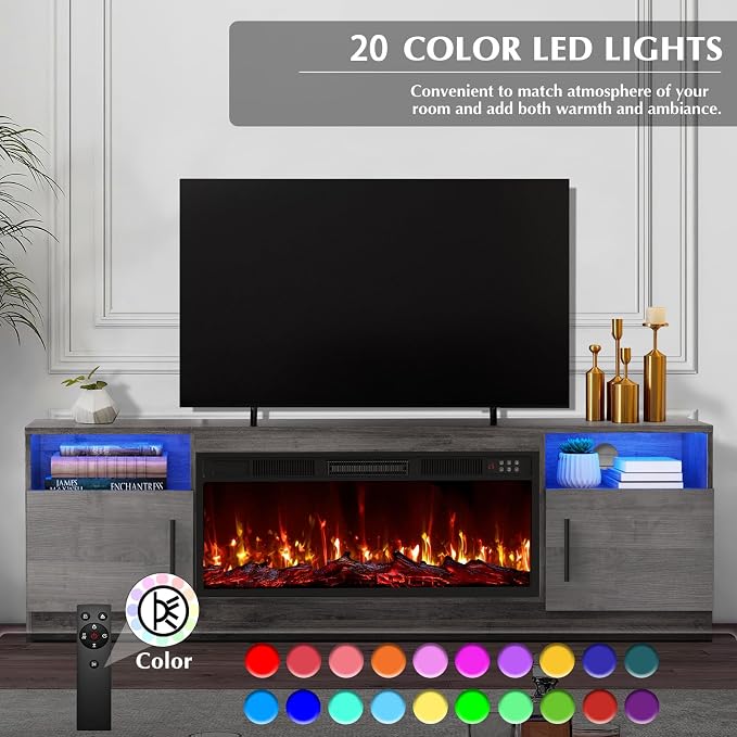 LEMBERI 70" Fireplace TV Stand for TVs up to 80", 36" Electric Fireplace 750W/1500W Entertainment Center with 20-Color LED, 300lbs Max Capacity High Gloss Storage Cabinet Console, Gray