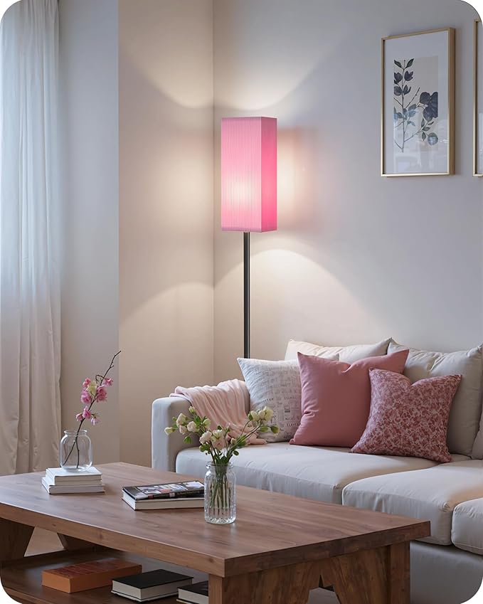 64.2” Dimmable Floor Lamp for Living Room with Remote and Foot Switch, Corner Floor Lamp for Bedroom, Includes 10W A19 Bulb, Modern Standing Tall Lamp, ETL Listed Pink and Black P17LD05