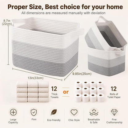 OIAHOMY Storage Basket, Woven Baskets for Storage, Cotton Rope Basket for toys,Towel Baskets for Bathroom - Pack of 3, Gradient Gray