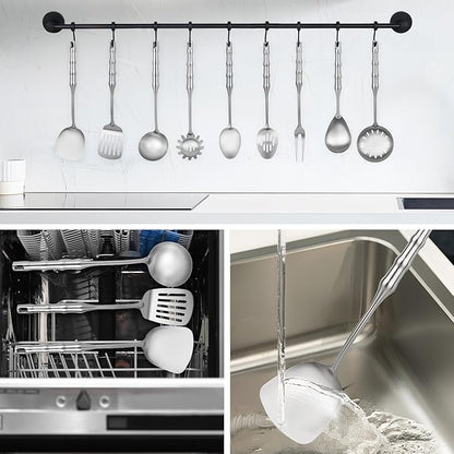 18/10 Stainless Steel Kitchen Utensils Set,9pcs Metal Cooking Utensils Set Cookware for Wok Tools,14 inch Long Heavy Duty Kitchen Tools Set for Chef