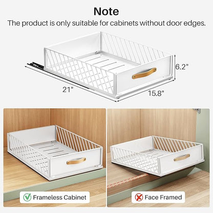 Pull out Cabinet Organizer,Heavy Duty Slide out Pantry Shelves Drawer Storage with Adhesive Nano Film,Sliding Mesh Cabinet Basket with Handle for Kitchen, Bathroom, Home, 15.8"W X 21"D X 6.2"H,White