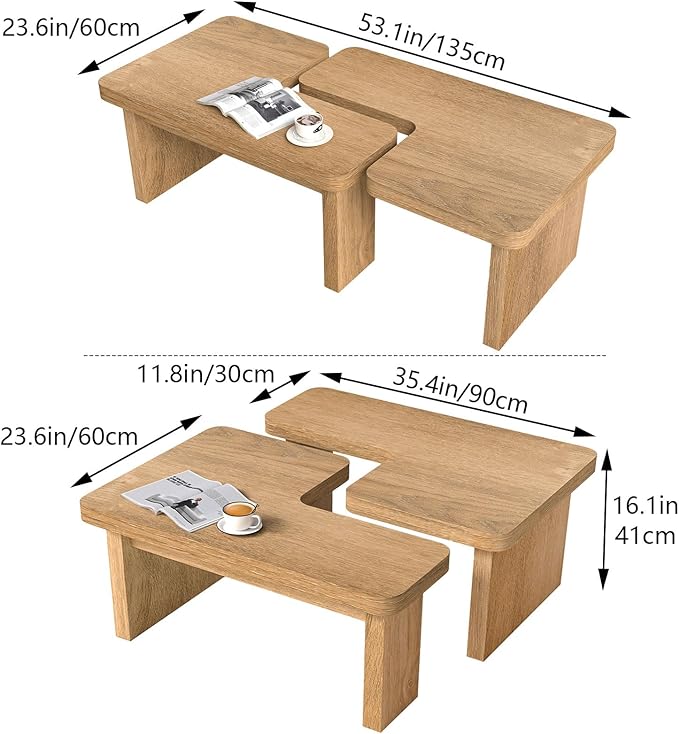 Farmhouse Coffee Table, 53-Inch Accent Center Table with Thicken Base, Multiple Layouts,Switch Between Square and Rectangular Table (Rustic Brown)