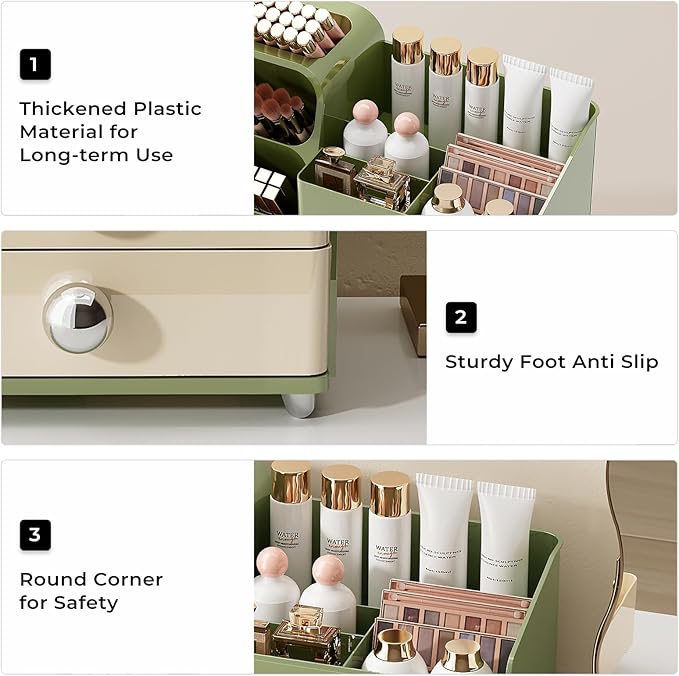 Makeup Organizer for Vanity with Brush Holder, Countertop Skincare Organizer with 2 Drawers, Spacious Cosmetic Display Case for Perfumes, Eyeshadow Palettes, Nail Polishes