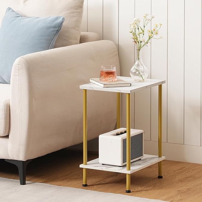 HOOBRO End Tables Set of 2, Small Side Table, Nightstand with 2-Layer Storage Shelves, Sofa Table for Small Spaces, Living Room, Bedroom, Stable Frame, Easy Assembly, Gold and Marble DM09BZP201