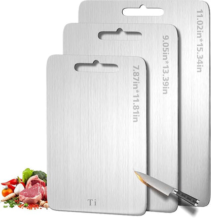 100% Pure Titanium Cutting Boards for Kitchen, Cutting Board Double Sided Food Grade Chopping Boards, Smooth Edge No Hurt, Space Saving Dishwasher Safe, Ideal for Daily Cooking, Cake & Picnic Set of 3