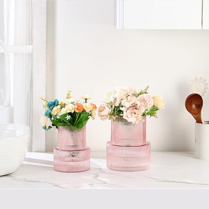 Ribbed Glass Vases for Bouquet, Set of 2 Pink Vases for Flowers, Pink Glass Vase for Tulips, Modern Vase for Living Room, Office, Coffe Table, Dining Table, Shelf, Wedding
