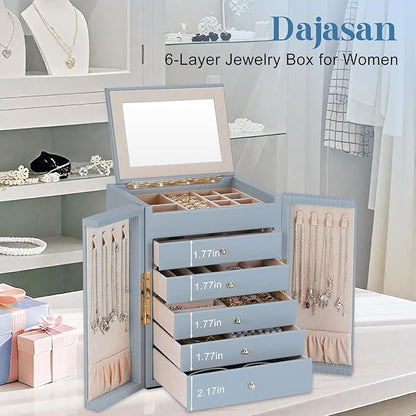 Dajasan Large Jewelry Organizer Box with Mirror, Jewelry Storage Organizer with 5 Drawers, 6-Tier Jewelry Gift Box for Women, Girls, Friends, Wife or Mother, Gift Idea (Smoky Blue)