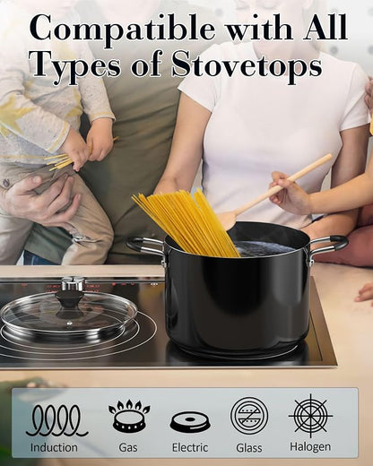 Cook N Home Professional 8 Quart Nonstick Stock Pot with Lid, Riveted Handles, Big Soup Pot for Holiday Feasts, Stockpot with Even Heating, Induction Cookware, Oven & Dishwasher Safe, Black