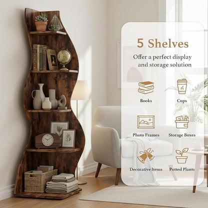Arvolia 70 Inch Corner Bookshelf, Modern 5-Tier Small Bookshelf with Unique Curved Design, Freestanding Vertical Storage Shelf for Living Room, Bedroom or Home Office (Brown Modern)