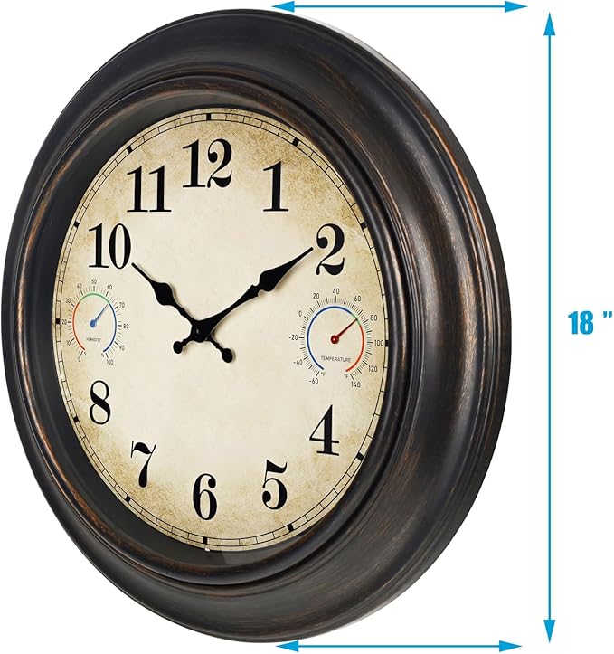 Large Outdoor Clock with Thermometer & Hygrometer – 18 Inch Bronze Vintage Farmhouse Decor Waterproof Wall Clock for Patio, Garden, Pool, Backyard