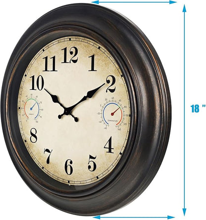 Large Outdoor Clock with Thermometer & Hygrometer – 18 Inch Bronze Vintage Farmhouse Decor Waterproof Wall Clock for Patio, Garden, Pool, Backyard
