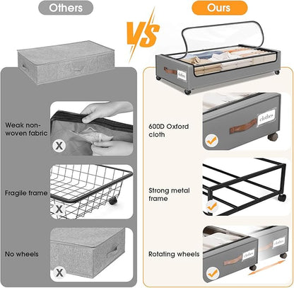 SpaceHacks Under Bed Storage with Wheels 1Pack Underbed Storage with Clear Window&Label Under Bed Drawers Large Capacity Rolling Under Bed Storage for Clothes,Shoes, Blankets (Light Grey)