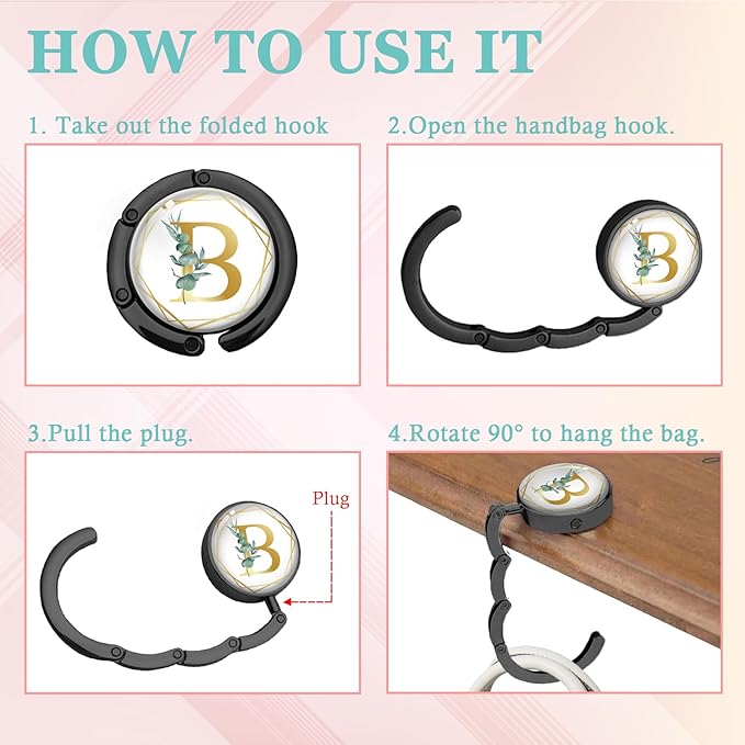 Gold Initial Foldable Purse Hook Gifts, Eucalyptus Letter Handbag Hanger, Women's Bag Hanger Holder, Round Purse Table Hook, Funny Desk Decor Gifts for Women Coworker Friend (Eucalyptus B)