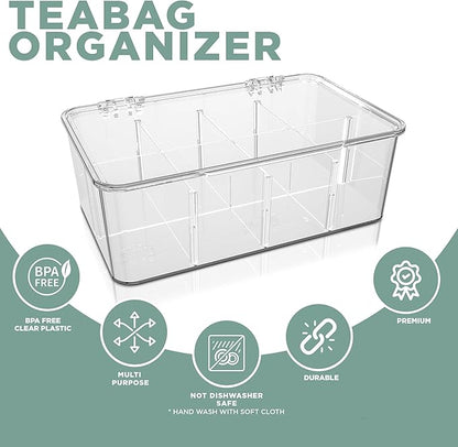 Utopia Home - Tea Bag Organizer With Lids, (1 Pack) Clear Pantry Storage Box - Stackable Partition Organizers or Holder With Lids For Drawers, Countertops, Fridge, Kitchen, Snack & Spice Organization