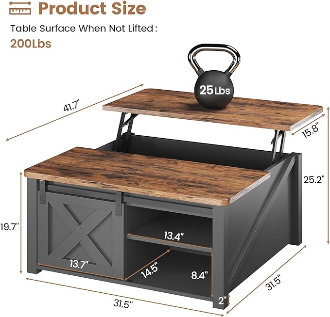 SEDETA 31.5" Lift Top Coffee Table with Storage, Square Coffee Tables for Living Room, Farmhouse Coffee Table with Large Hidden Storage Compartment and Adjustable Shelves, Black