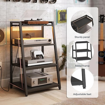 HOOBRO 4-Tier AV Media Stand with Charging Station and LED Light, Wooden Stereo Cabinet, Game Console Stand, Media Audio Tower Rack, Record Player, Small Entertainment Center, Black BB106UDCJ01