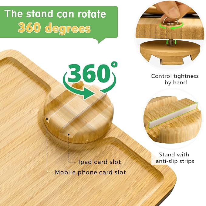 Smatdecis Couch Arm Tray Table Sofa Arm Clip, Armrest Tray Table Suitable for Home Drinks/Fast Food/Fruit Etc, Large Size Multi-Function Natural(360° Rotating Stand A)