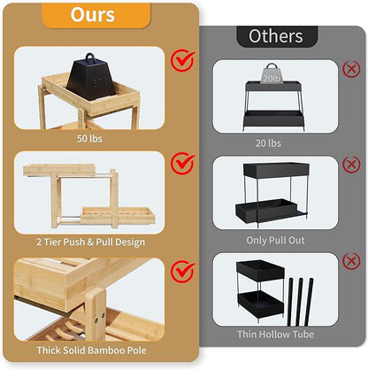 Bamboo Wood Under Sink Organizer 2 Pack, Pull Out Cabinet Organizer 2 Tier Under Sink Organizers and Storage with Sliding Drawer Sturdy Easy Assembly for Kitchen Bathroom Undersink, Natural