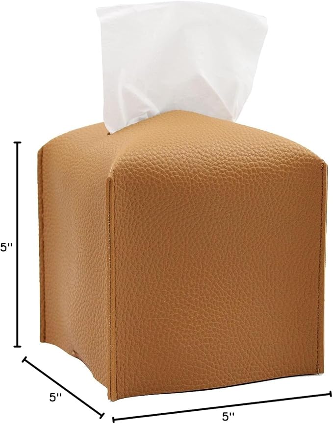 Livelab Tissue Box Cover, Modern Square Decorative PU Leather Facial Paper Case Organizer Holder Dispenser for Bathroom, Vanity Countertop, Night Stands, Desk, Car 5X5X5'' | Camel
