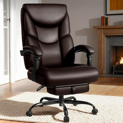 400lbs Office Chair with Foot Rest, Reclining Big and Tall Office Chair with Lumbar Support, High Back PU Leather Computer Chair,Comfy Desk Chair for Home Office (Casual) (Brown)