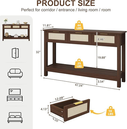Luoxiao Console Table for Entryway with 3 Rattan Drawers Boho Entry Table with Storage Open Shelf, Narrow Long Sofa Tables for Living Room, Hallway, Foyer, Couch, Front Door, Walnut, 47 Inch
