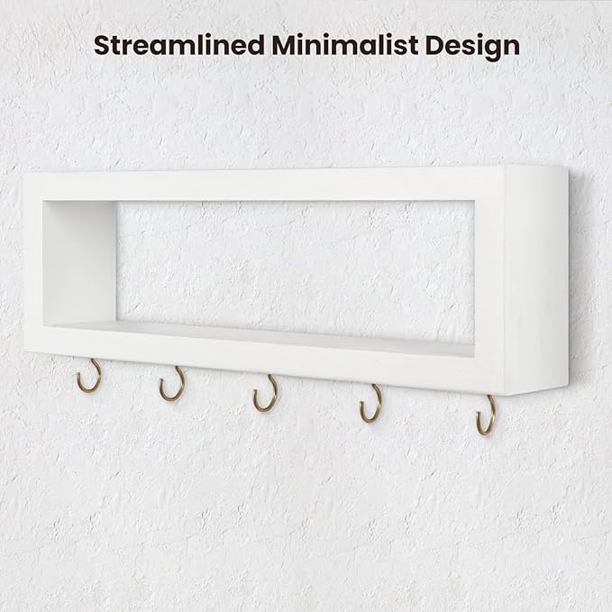 Wall Shelf with Hooks - Decorative Key and Wallet Holder for Wall Holds Sunglasses, Leashes, Scarves and Lanyards - 15.7" x 5.1" x 2.9" Entryway Organizer Made of Paulownia Wood (White)