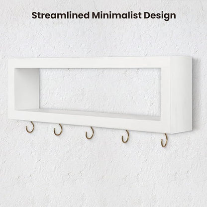 Wall Shelf with Hooks - Decorative Key and Wallet Holder for Wall Holds Sunglasses, Leashes, Scarves and Lanyards - 15.7" x 5.1" x 2.9" Entryway Organizer Made of Paulownia Wood (White)