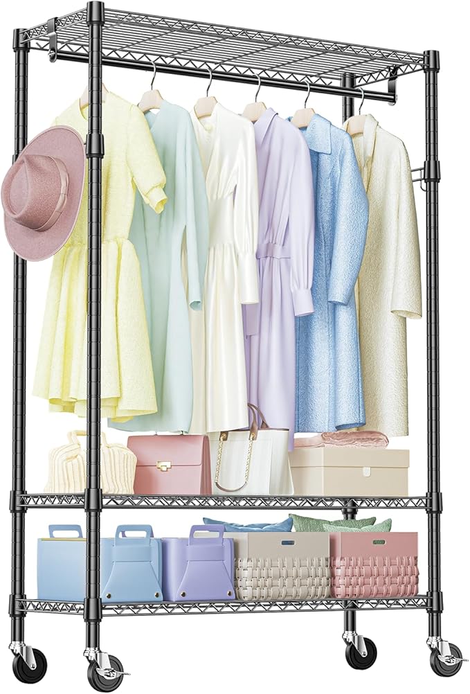 IZEUK Heavy Duty Rolling Garment Rack Wire Clothes Rack for Hanging Clothes (Black, Z2-17.7" D x 47.2" W x 83.6" H)