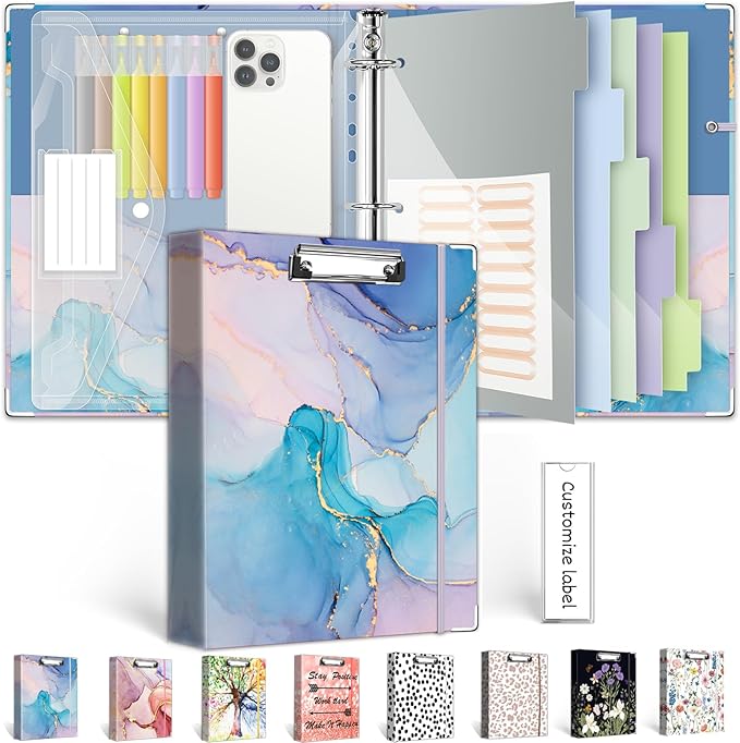 1 Inch 3 Ring Binder Organizer with Clipboard, 5-Tab Pockets Dividers, Clear Folder, 18 Divider Stikers, BVSSX Decorative Three Ring Binder with Pen Loop, Elastic Strap (Blue Marble,Letter Size)