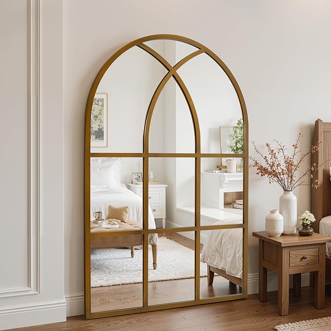 Arched Window pane Wall Mirror 30"x40", Window Shaped Farmhouse Style with Aluminum Frame, Decorative Wall Mirror Leaning Hanging for Living Room, Courtyard, Bedroom, Entryway, Bronze