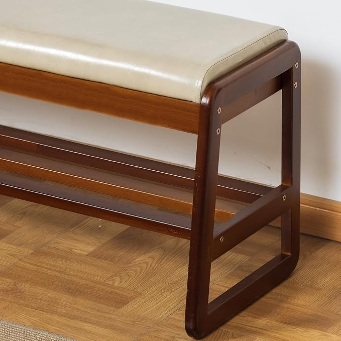 Solid Wood Shoe Bench, 2-Tier Entryway Bench with Cushion and Flip-Open Storage Box, Mid-Century Modern Shoe Bench Rack for Hallway, Mudroom(Gray, 39.4'')