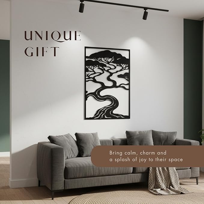 Bonsai Tree Metal Wall Art, Zen Nature Inspired Outdoor & Indoor Decor, Modern Framed Garden Wall Sculpture for Patio, Balcony, Living Room or Entryway (18×12 inches)