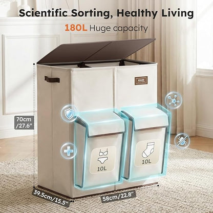 SOLEDI Double Laundry Hamper with Lid, 47.8 Gal (180L) Large Laundr Basket 2 Section with 2 Side Pockets, Dirty Clothes Hamper with Removable Bag, Easy to Carry for Laundry Room, Bedroom, Beige
