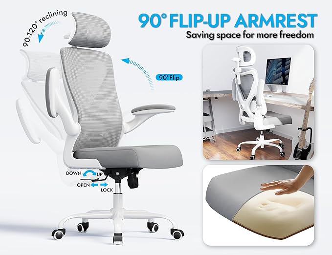 Ergonomic Office Chair: White Computer Desk Chair Comfy Gaming Chair for Adults - Office Chair with Lumbar Support & Headrest - Executive Office Rolling Chairs for Home Work (Grey)