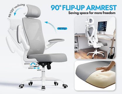 Ergonomic Office Chair: White Computer Desk Chair Comfy Gaming Chair for Adults - Office Chair with Lumbar Support & Headrest - Executive Office Rolling Chairs for Home Work (Grey)