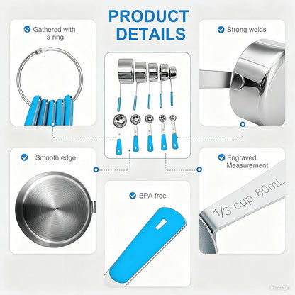 Measuring Cups and Spoons Set Stainless Steel 10 Piece for Cooking and Baking (5 Cups + 5 Spoons, Light Blue Handle)