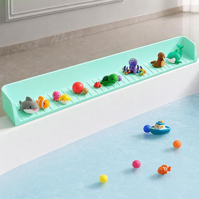 Bathtub Splash Guard for tub Kids& Bath Shelf for Kids – Toddler Bath Tray, Bath Toys Storage & Ledge Organizer – Splash Guard for Bathtub with Suction Cups – Kids Bathroom Accessories(2.6FT, Green)