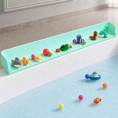 Bathtub Splash Guard for tub Kids& Bath Shelf for Kids – Toddler Bath Tray, Bath Toys Storage & Ledge Organizer – Splash Guard for Bathtub with Suction Cups – Kids Bathroom Accessories(2.6FT, Green)