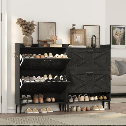 MAHANCRIS Shoe Storage Cabinet, Shoe Organizer with 2 Flip Drawers, Hidden Shoe Storage for Entryway, Freestanding Shoe Cabinet Organizer with Open Storages, Black SHHB9401