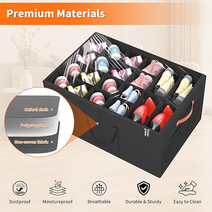 Aokeyee Shoe Organizer for Closet, 2 Pack Large Shoe Storage Box Fits up to 24-48 Pairs, Space Saving Foldable Shoes Organizer Bin w/Clear Cover and 4 Reinforced Handles, Black