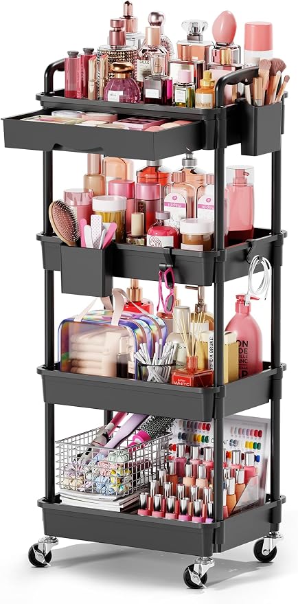 Goovilla Rolling Makeup Organizer Cart with Removable Drawer, 4 Tier Stable Black Floor Skincare Storage Cart for Vanity, Cosmetic Display, Nail Polish, Perfume, Hair Stuff, Beauty, Bathroom(Plastic)