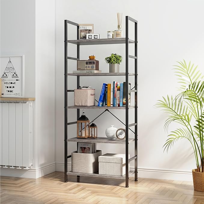 DUMOS 5 Tiers Bookshelf, Classical Book Shelf, Tall Display Shelves in Living Room/Home/Office, Storage Organizer for CDs/Books/Movies, Wood Grey