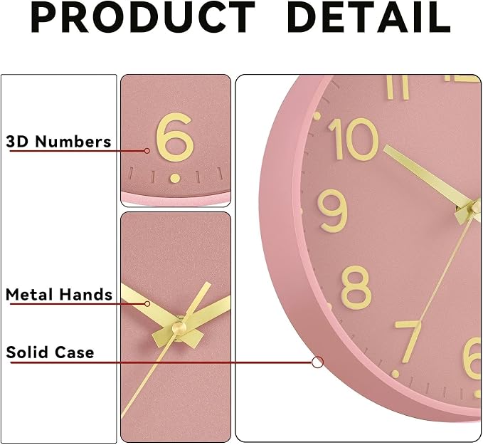 Roymnie Wall Clock 12 Inch Silent Wall Clocks Battery Operated-Modern Non Ticking Analog Clock Decorative for Kitchen Bedroom Office (Pink Gold)