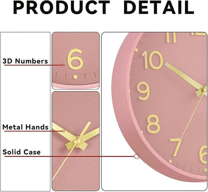 Roymnie Wall Clock 12 Inch Silent Wall Clocks Battery Operated-Modern Non Ticking Analog Clock Decorative for Kitchen Bedroom Office (Pink Gold)
