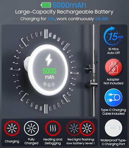 Gospire 3X Magnifying Heated Shower Mirror Fogless for Shaving, 5000mAh Battery, 360° Swivel & Magnetic Design, 8.3” Anti-Fog Shower Shaving Mirror with 3 Color Lights, Includes 2PCS Adhesive Hooks