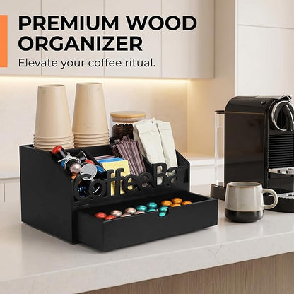 Coffee Bar Organizer for Countertop - Wooden Coffee Organizer Condiment Station, Coffee Station Organizer for Home & Office, K Cup Stand for Counter, Tea Box - Black Drawer Type