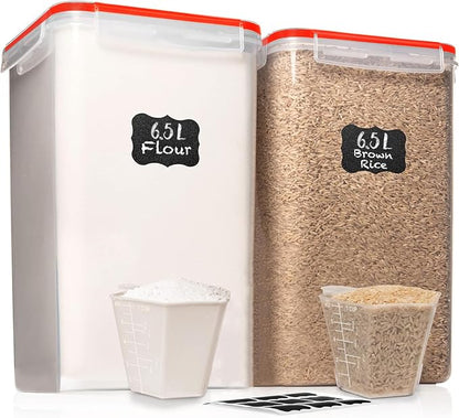 WHITE FEATHER SUPPLIES 2 PC [7 Qt / 6.5L / 220 Oz] Large Food Storage Containers with Lids Airtight - BPA Free Clear Plastic Kitchen and Pantry Storage Containers for Cereal, Flour, Sugar, Rice