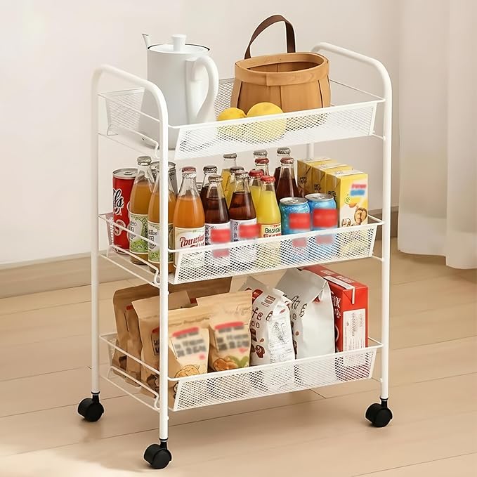 Storage Carts 3-Tier, Metal Utility Rolling Cart with Wheels, Snack Shelves, Fruit Basket Stand for Living Room, Kitchen, Office, with 360° Wheels & Hooks, White