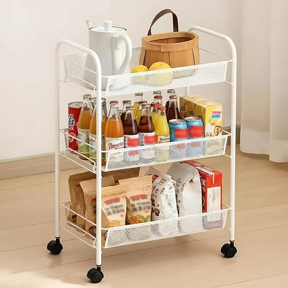 Storage Carts 3-Tier, Metal Utility Rolling Cart with Wheels, Snack Shelves, Fruit Basket Stand for Living Room, Kitchen, Office, with 360° Wheels & Hooks, White